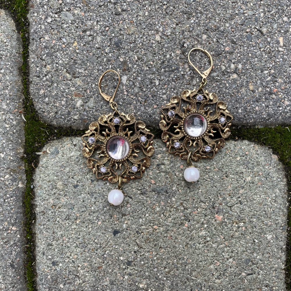 Vintage. Brass Gold and Pearl Chandelier Earrings